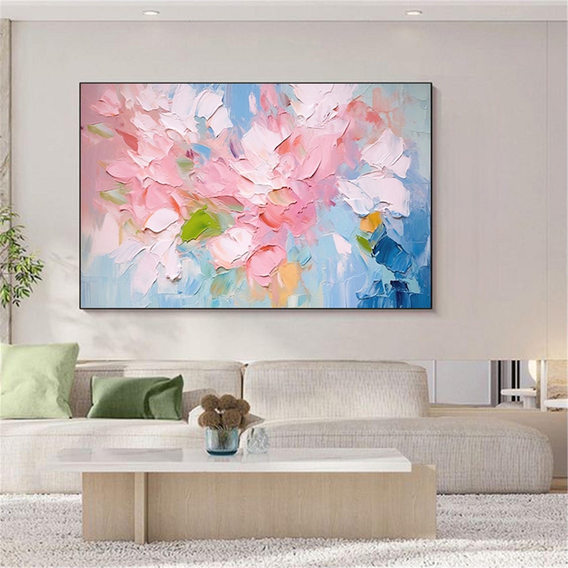 Pink Blossom Cluster Sky Blue Panoramic Soft Floral Wall Art - Image 4