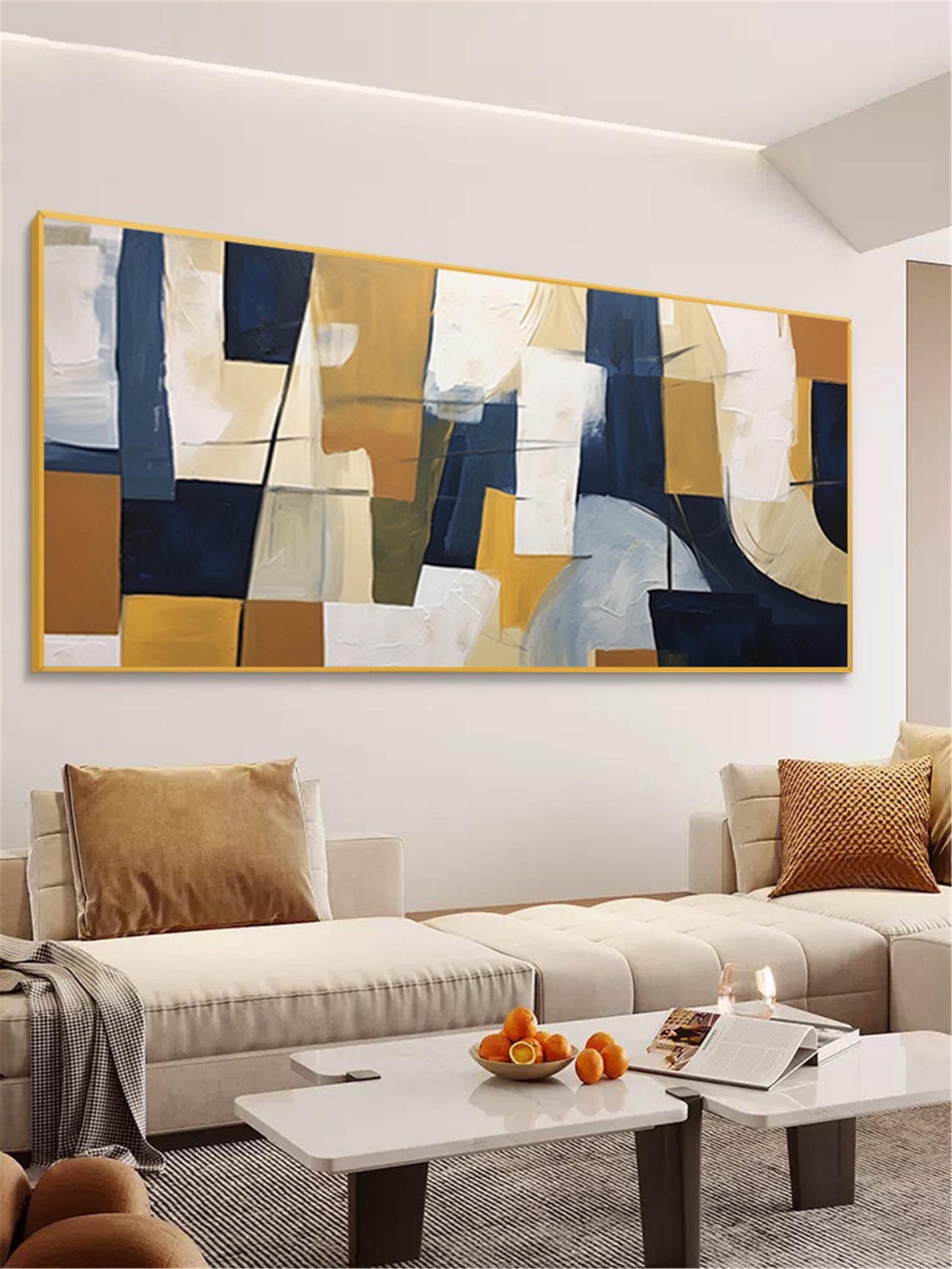 Navy Mustard Cream Geometric Abstract Blocks Panoramic Wall Art Poster - Image 3