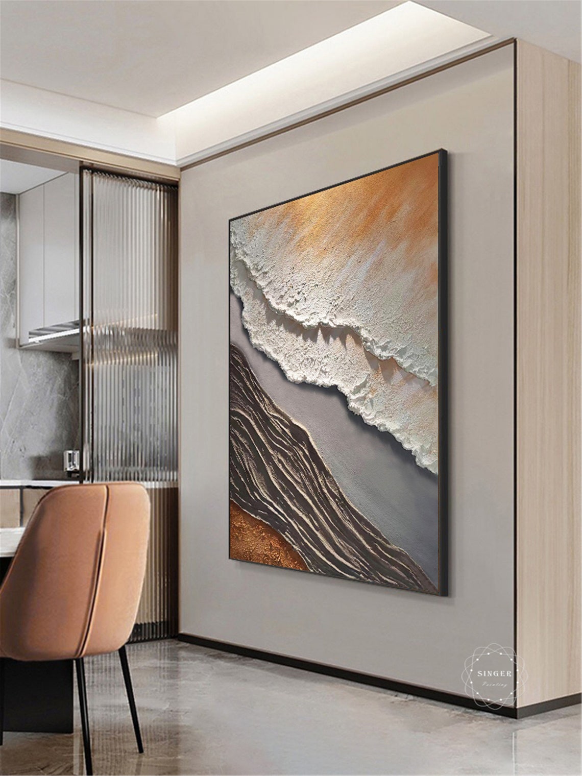 Brown Gray Abstract Ocean Wave 3D Textured Canvas Painting Poster - Image 2