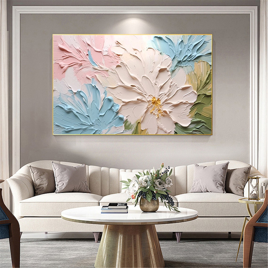 Pink Blue Floral Bloom 3D Textured Impasto Painting Panoramic Wall Art - Image 4