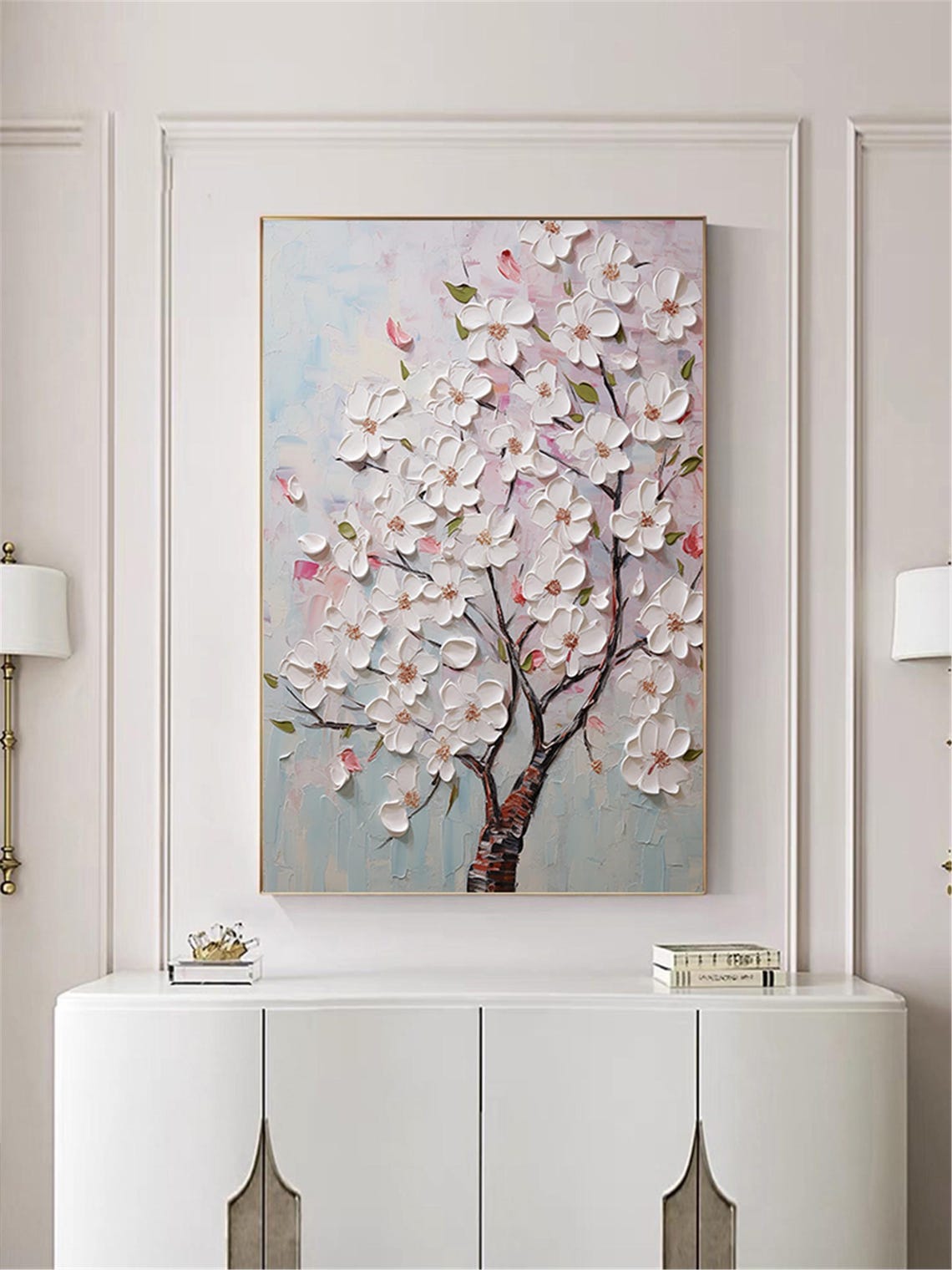 White Blossom Tree Branches Pale Blue Spring Floral Wall Art - Image 4