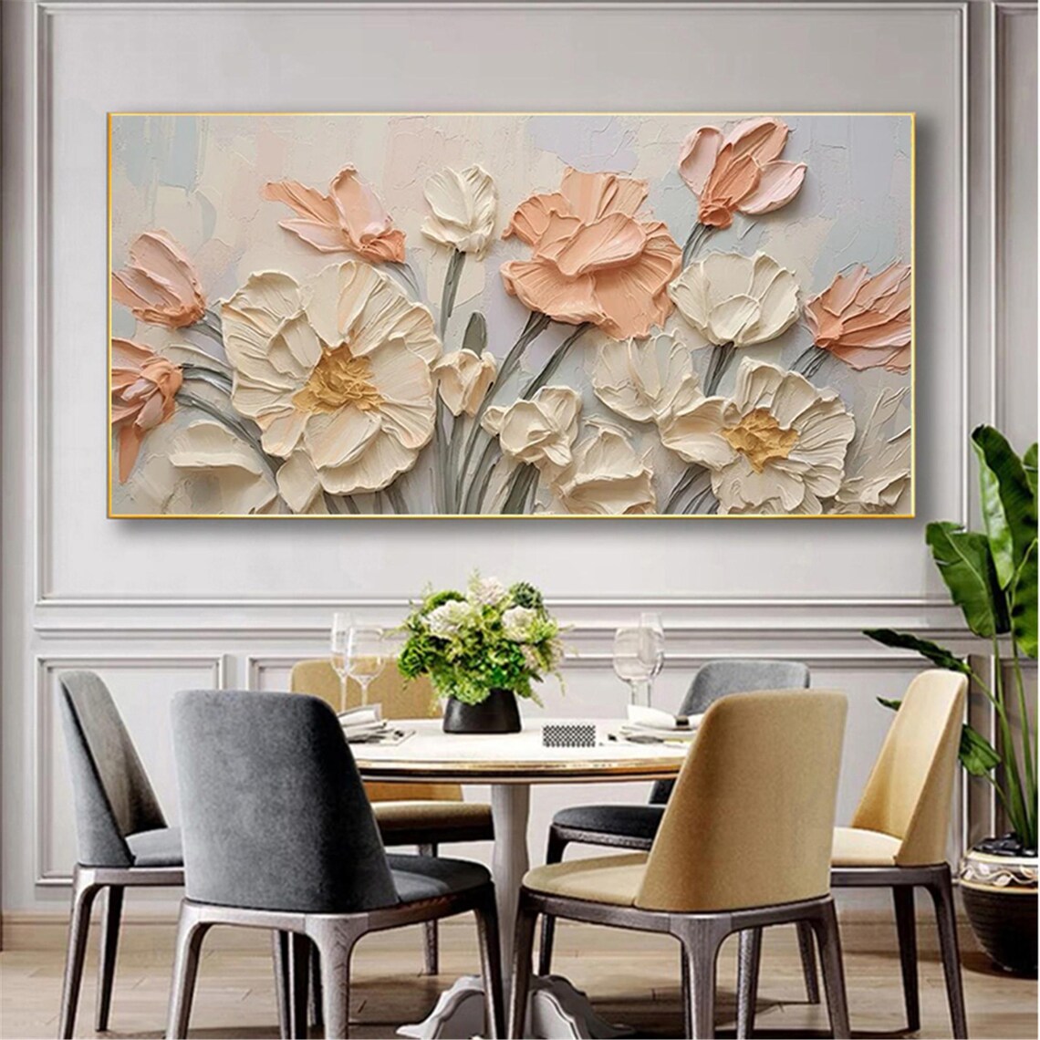 Neutral Cream Peach 3D Textured Large Blossom Floral Painting Poster - Image 4