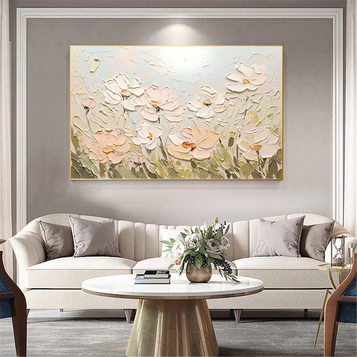 White Peach Blossom Light Sage 3D Textured Floral Painting Poster - Image 5