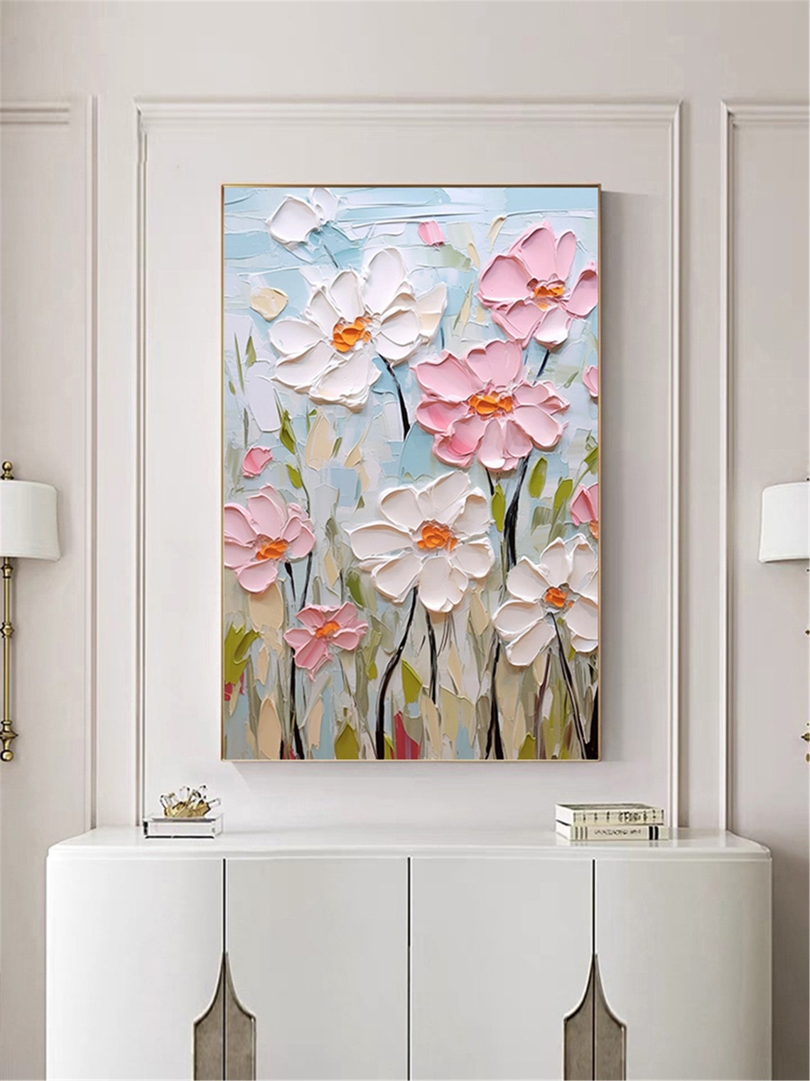 Pink White Blossom Light Blue 3D Textured Floral Painting Poster - Image 5