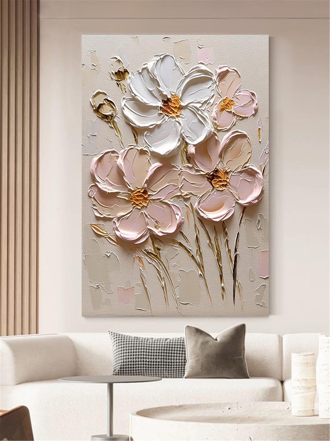 White Peach Bloom Tall Stems 3D Textured Floral Painting Poster - Image 3