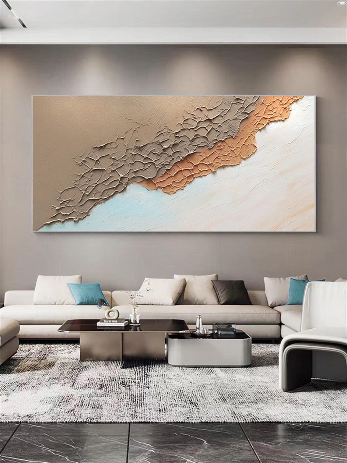 Cracked Earth Desert Abstract 3D Textured Taupe Coral Panoramic Print - Image 4