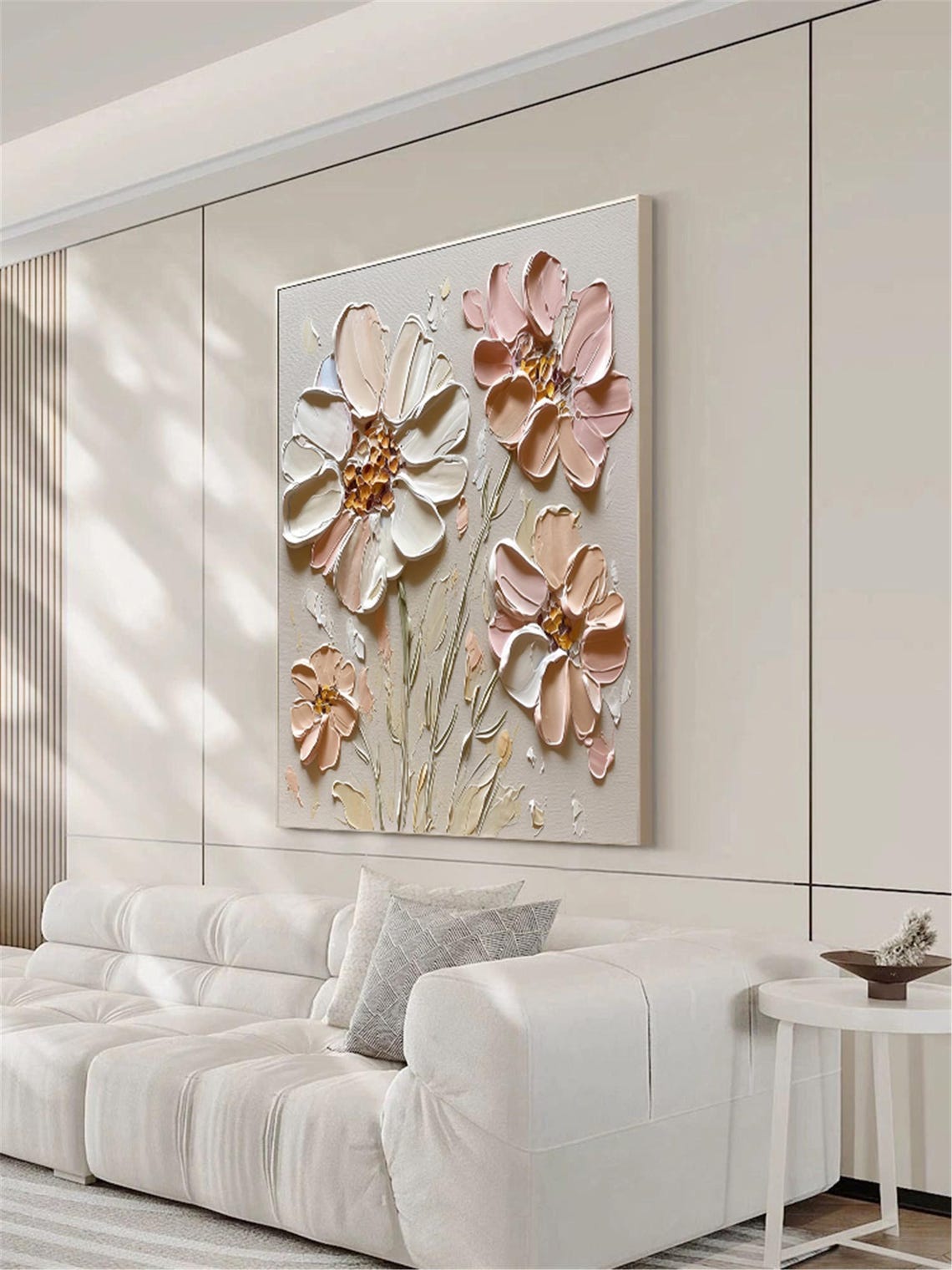 Oversized Pink Cream Bloom 3D Textured Floral Painting Poster - Image 2
