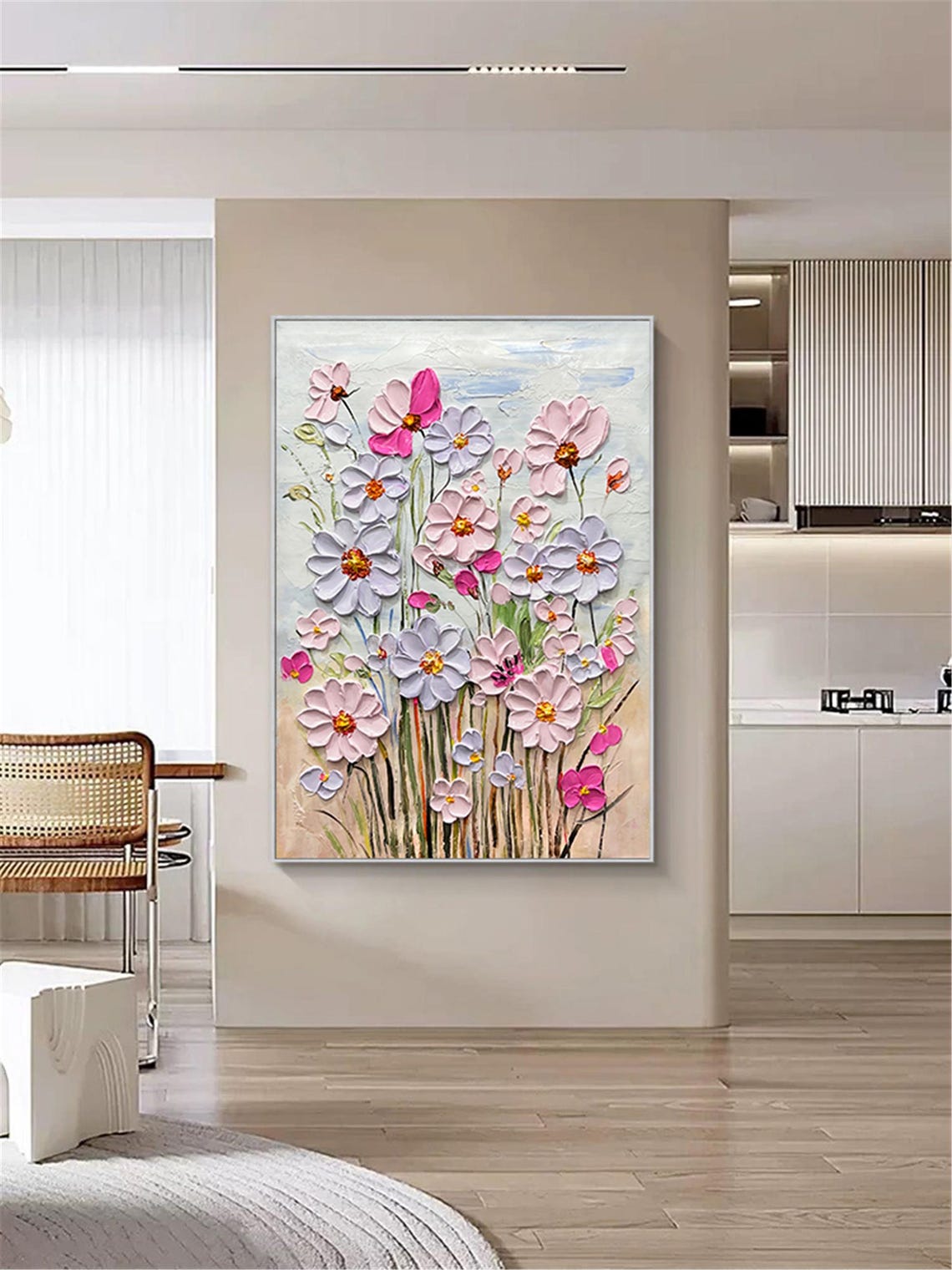 Textured Pink Lavender Cosmos Spring Painting Framed Floral Wall Art - Image 2