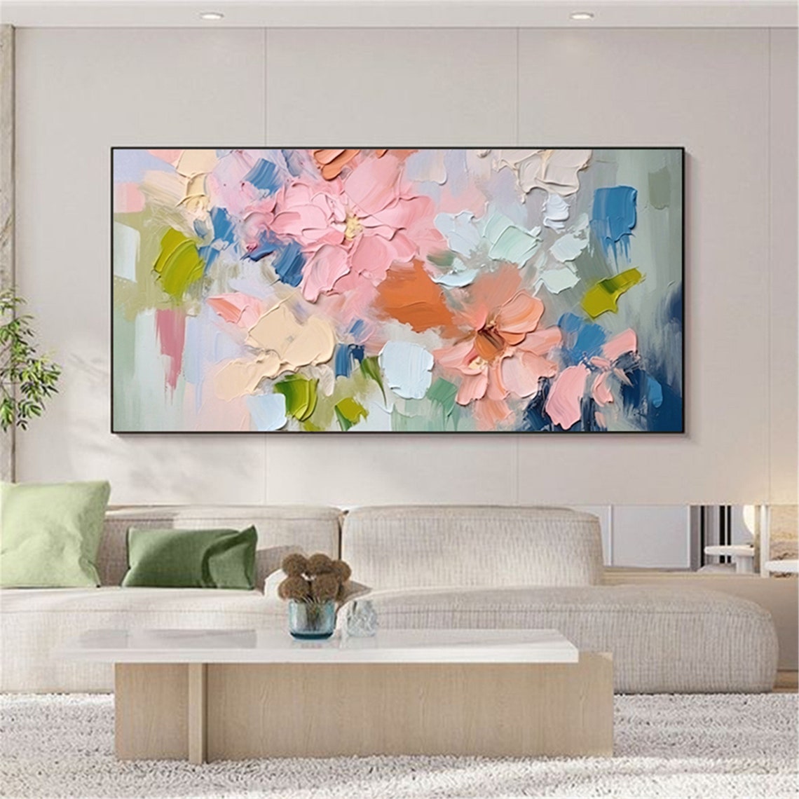 Pink Coral Blue Green Abstract Floral Panoramic Statement Wall Art - Image 5