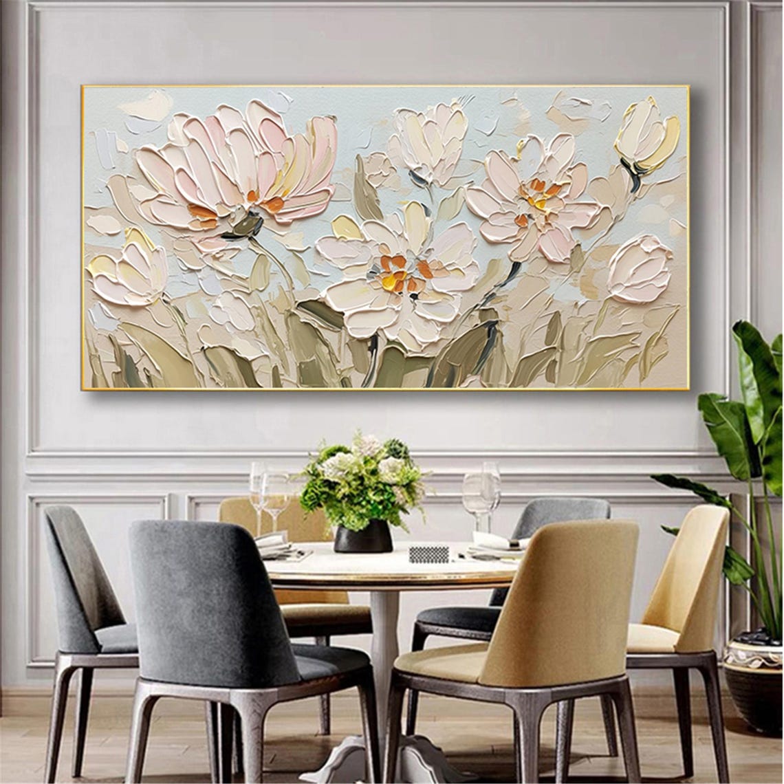 Pink Cream Bloom Sage Green 3D Textured Floral Painting Poster - Image 4