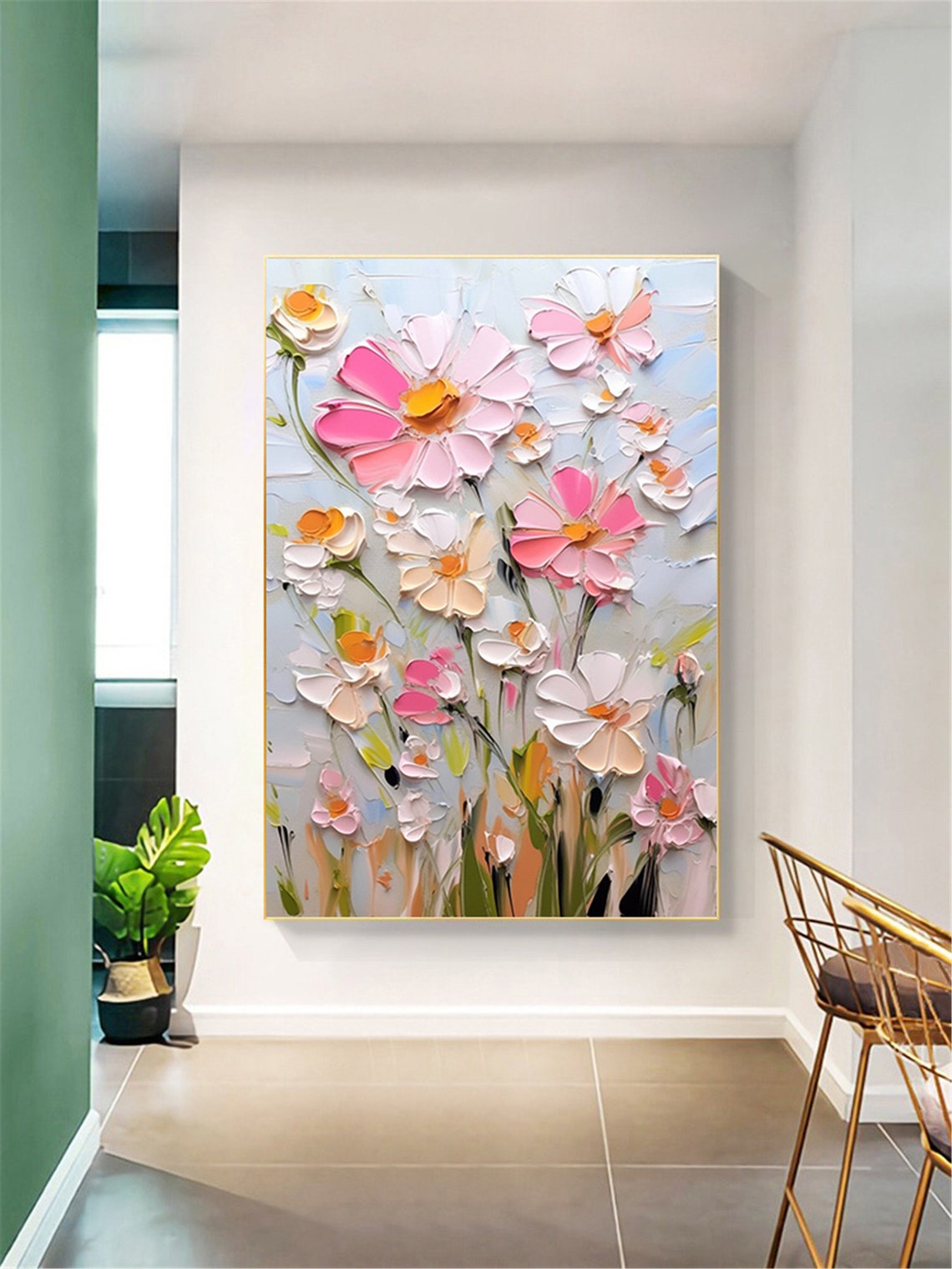 White Pink Daisy Meadow Pale Blue Vertical Textured Floral Wall Art - Image 5