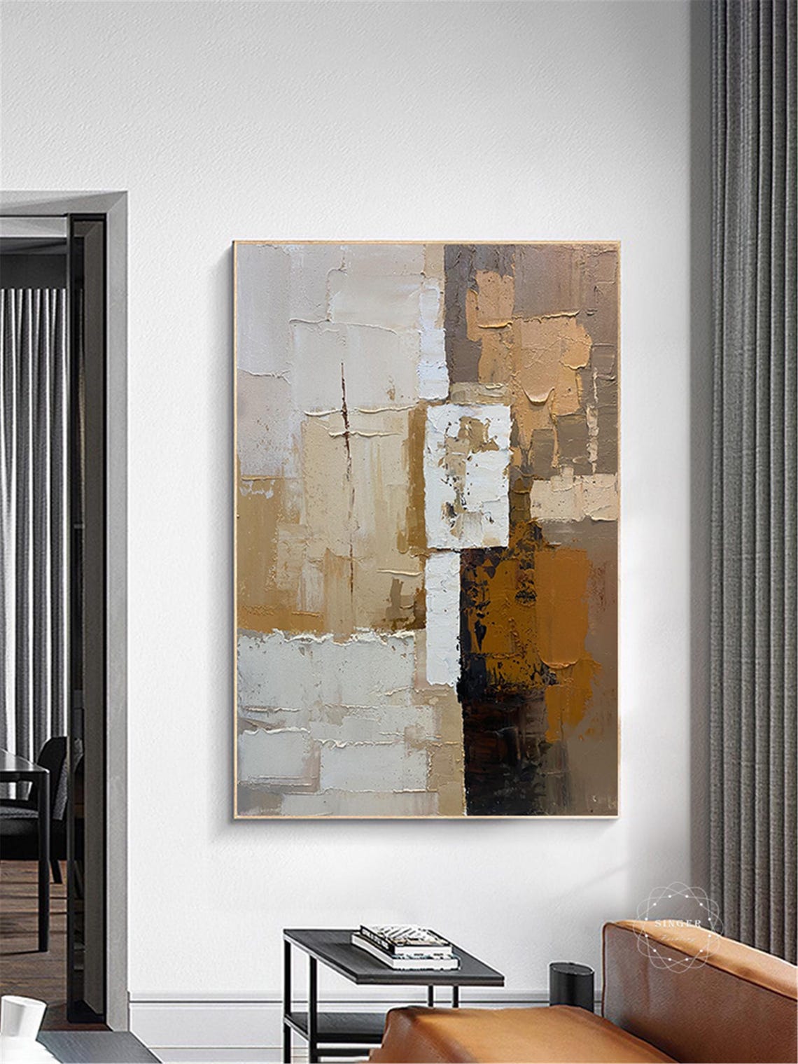 Geometric Blocks Abstract 3D Textured Painting Ochre Cream Wall Art - Image 3