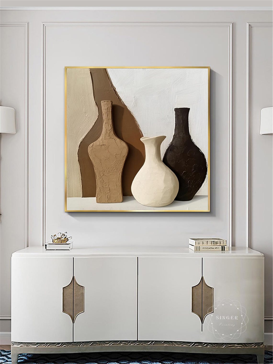 Modern Ceramic Vases 3D Textured Still Life Painting Tan Brown Poster - Image 3