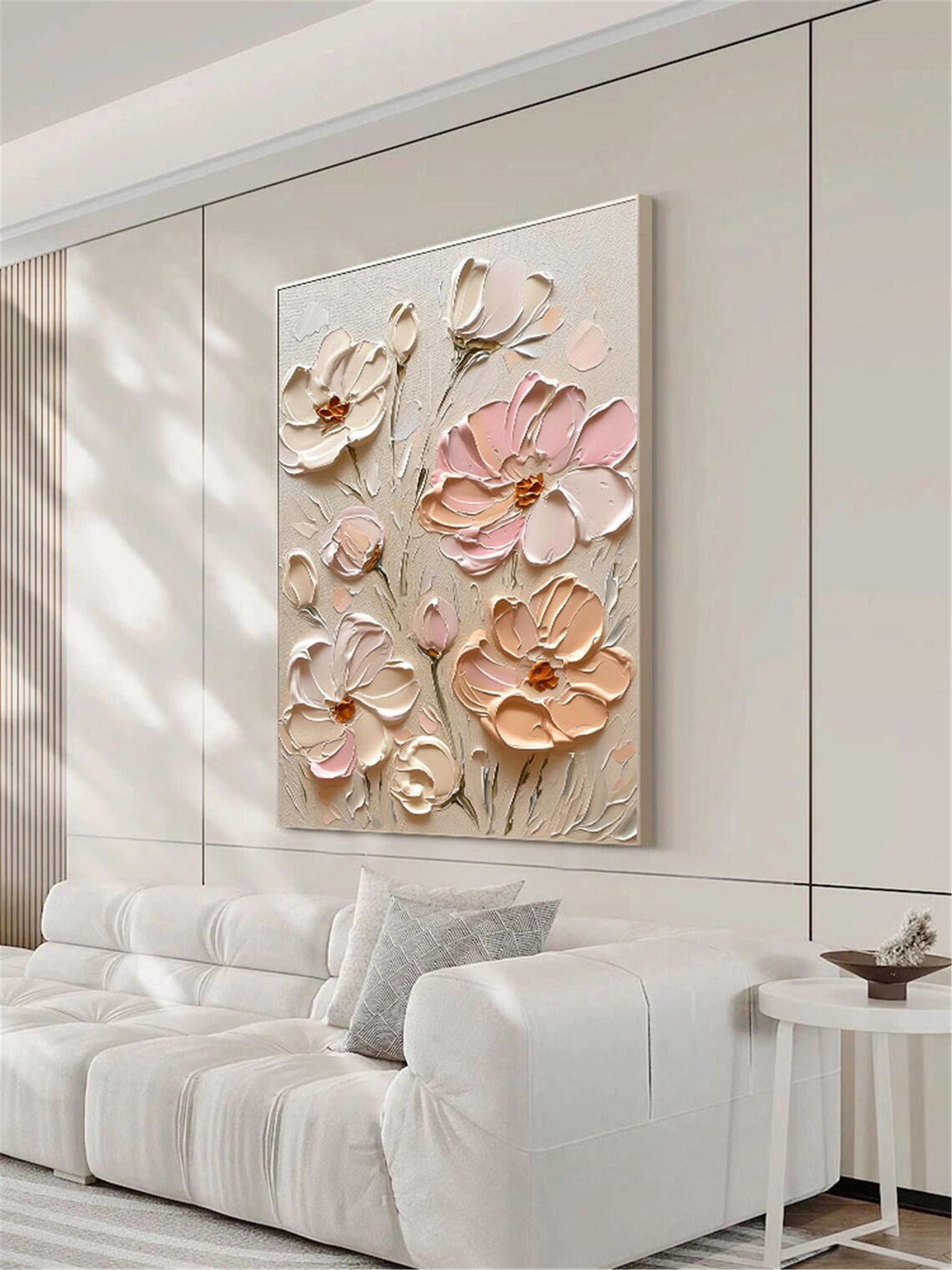 Cream Pink Apricot Bloom Beige 3D Textured Floral Painting Poster - Image 2