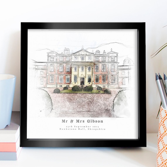 Hawkstone Hall Wedding Venue Watercolor Sketch Personalised Print