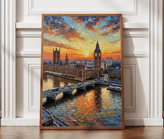 Big Ben London Sunset Houses Of Parliament Thames Oil Painting Poster