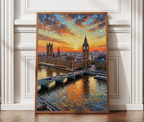 Big Ben London Sunset Textured Print Art England Travel Poster