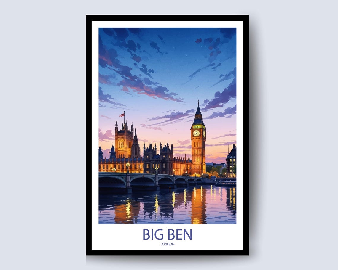 Big Ben London Parliament Dusk Purple Sky River Lights Poster