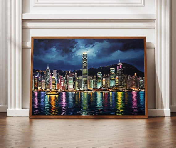 Hong Kong Wall Art City View Painting Style Travel Poster Chinese Cityscape