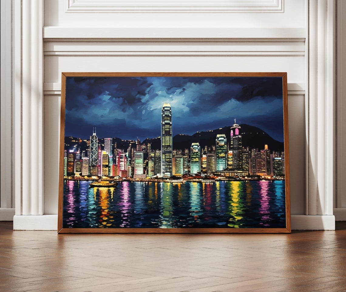 Hong Kong Night Skyline Harbour Reflections City Lights Poster