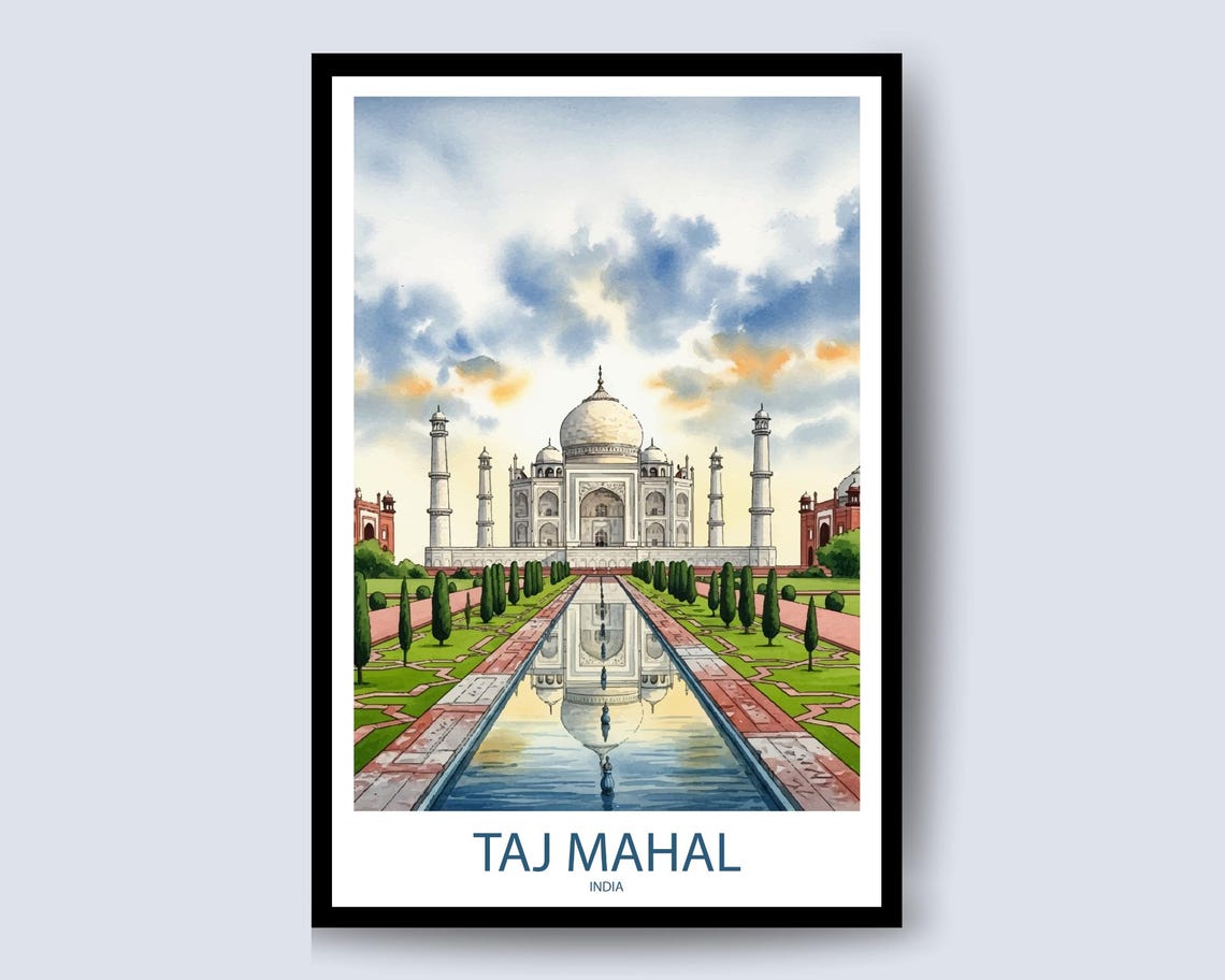 Taj Mahal India Watercolor Reflecting Pool Garden Travel Poster