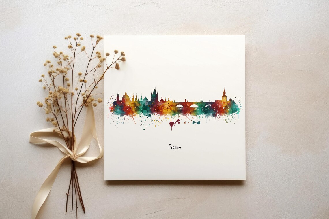 Prague Czech Republic Rainbow Watercolor Skyline Cityscape Art Poster