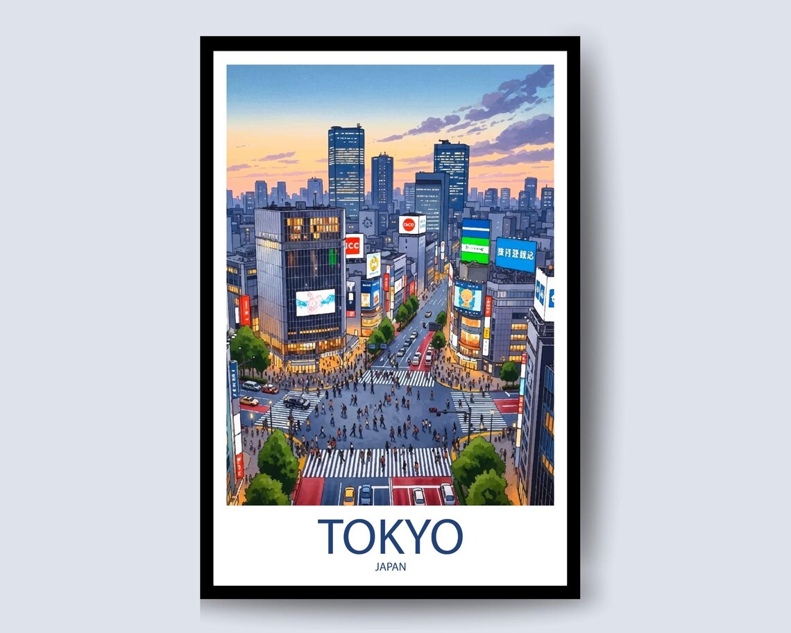Tokyo Japan Shibuya Crossing Sunset Anime Illustration Poster