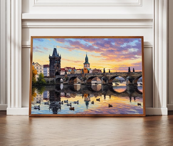 Prague Charles Bridge Art Czech Republic Travel Poster Cityscape Print Gothic Architecture Old Town Decor