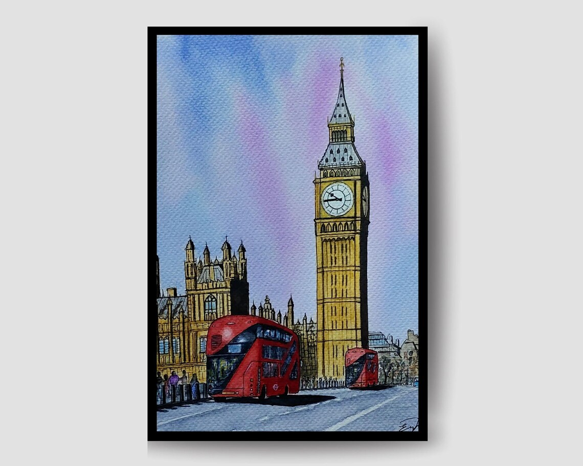Big Ben and Red Bus London Watercolor City Travel Art Poster