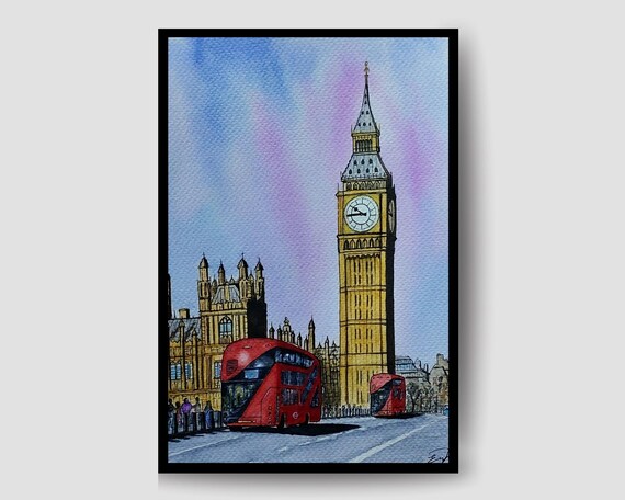Big Ben and Red Bus London Watercolor City Travel Art Poster