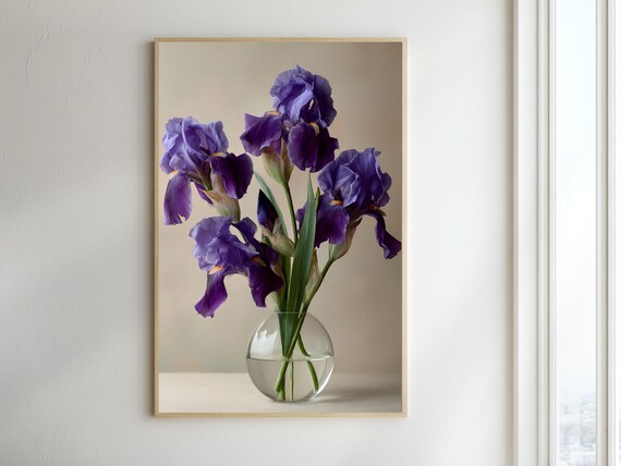 Purple Iris Flowers in a Glass Globe Vase Moody Botanical Poster