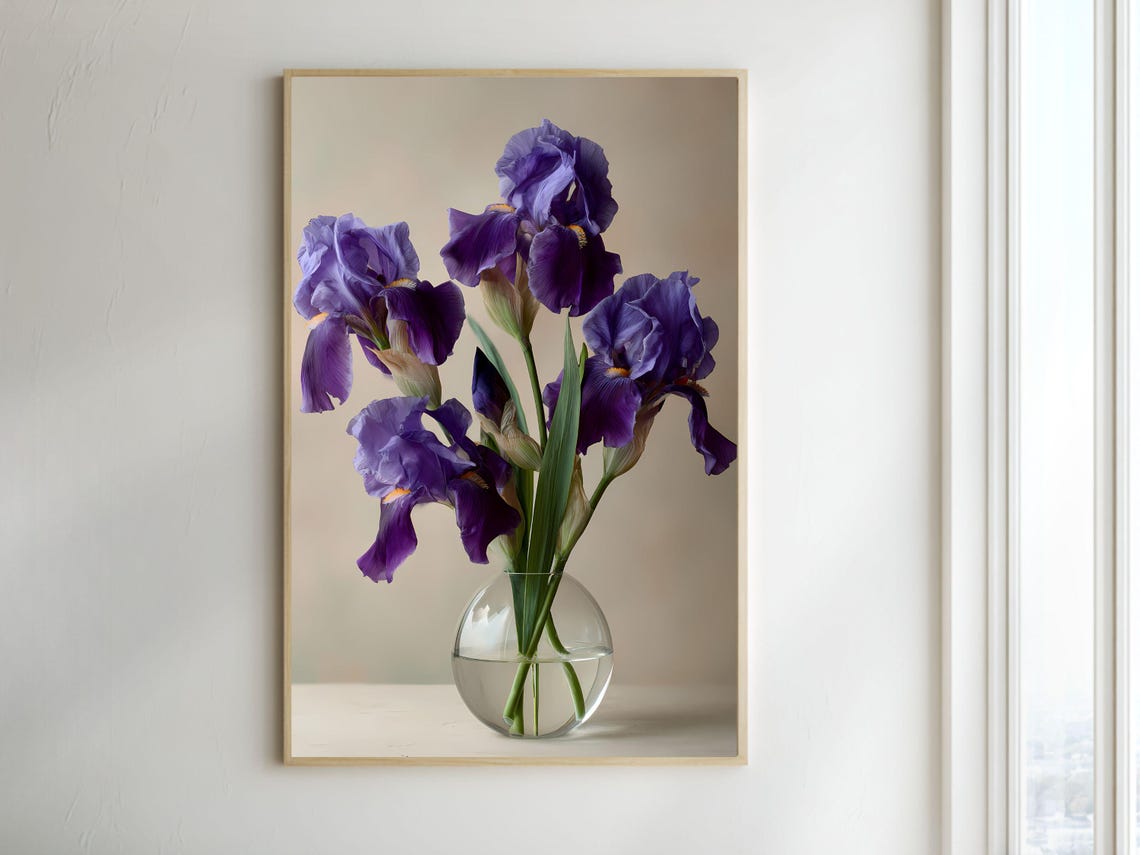 Purple Iris Flowers in a Glass Globe Vase Moody Botanical Poster