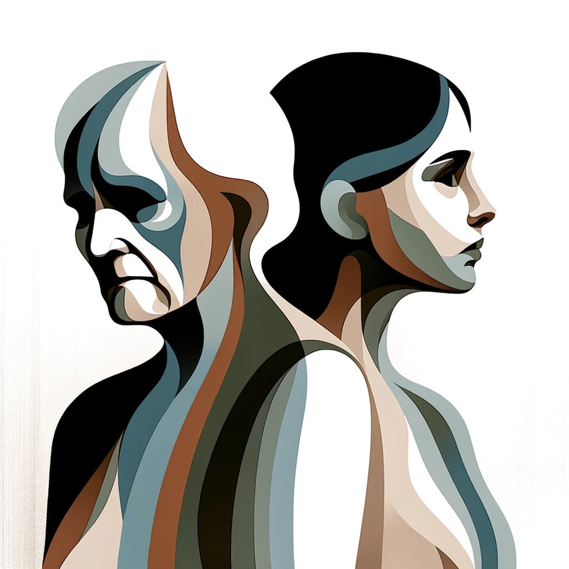Abstract Geometric Dual Face Profiles in Earthy Tones Poster
