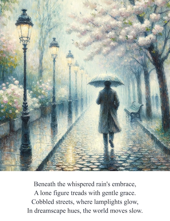 Rainy Paris Street Umbrella Figure Poem with Glowing Lampposts Poster