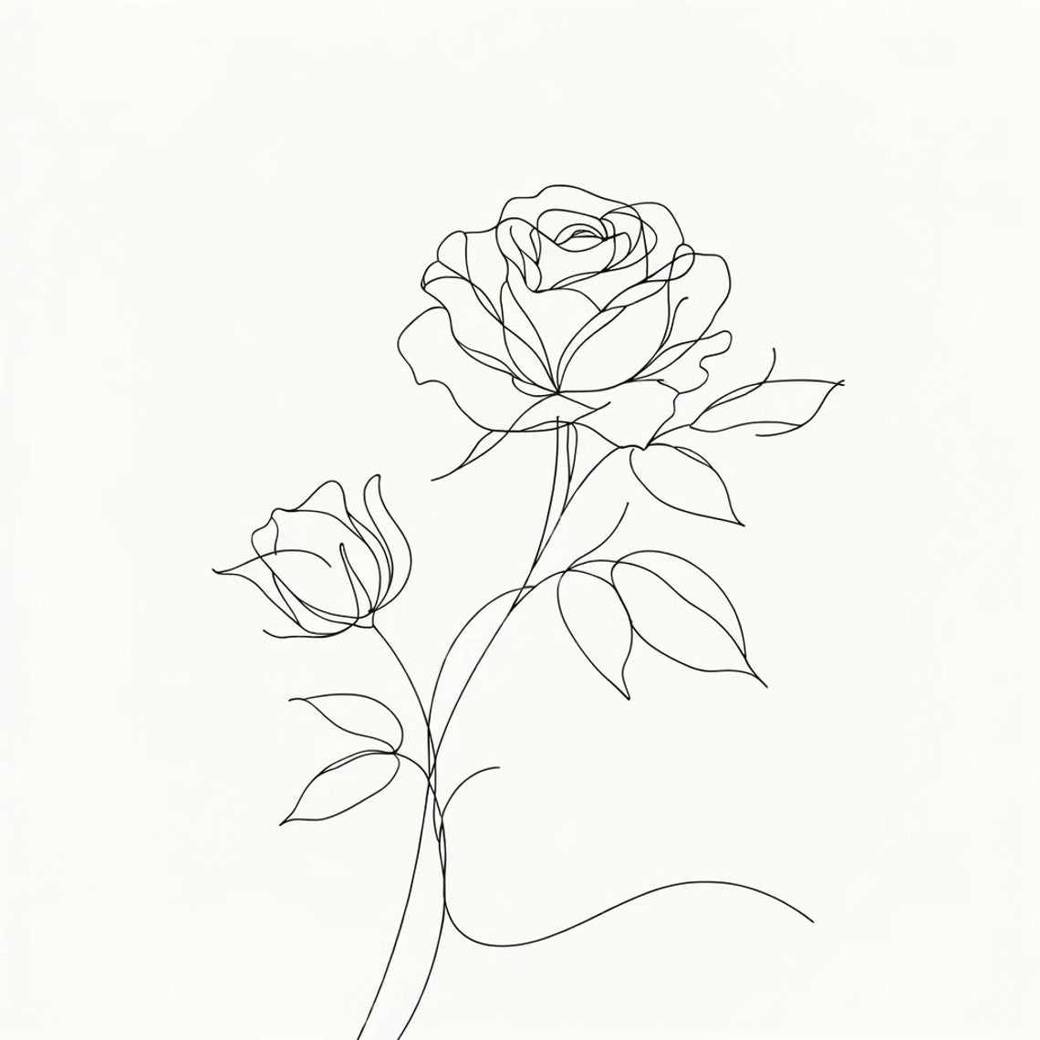 Elegant Single Line Rose Bloom and Bud Botanical Drawing Poster