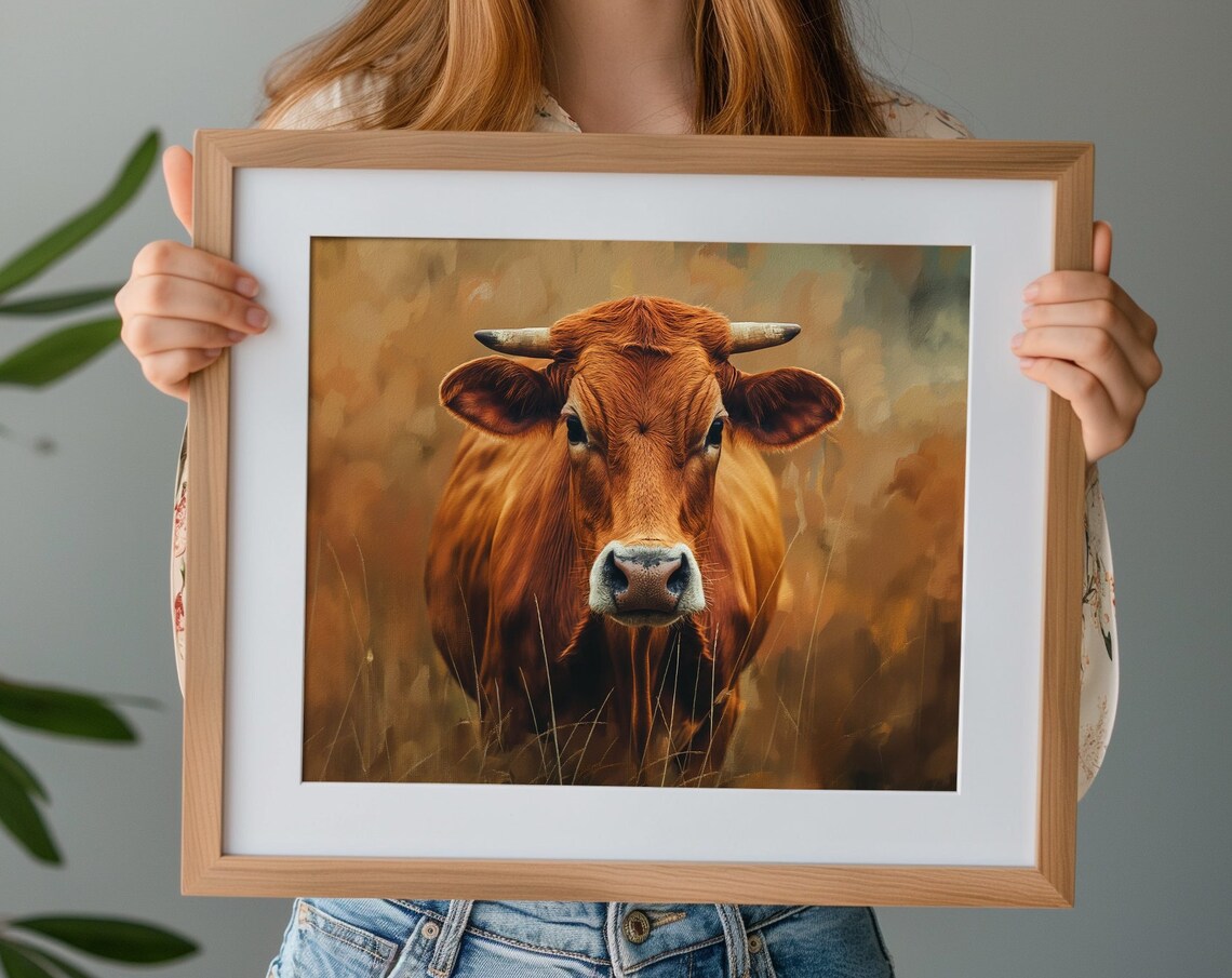 Brown Cow Portrait in Autumn Field Painterly Animal Art Print - Image 3