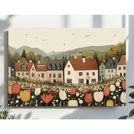 Cute Spring Wall Art Village Wallpaper Farmhouse Decor Tulip Town Canva