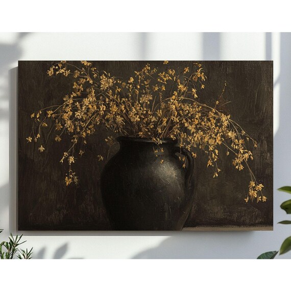 Dark Moody Vase With Dried Branches Still Life Painting Poster