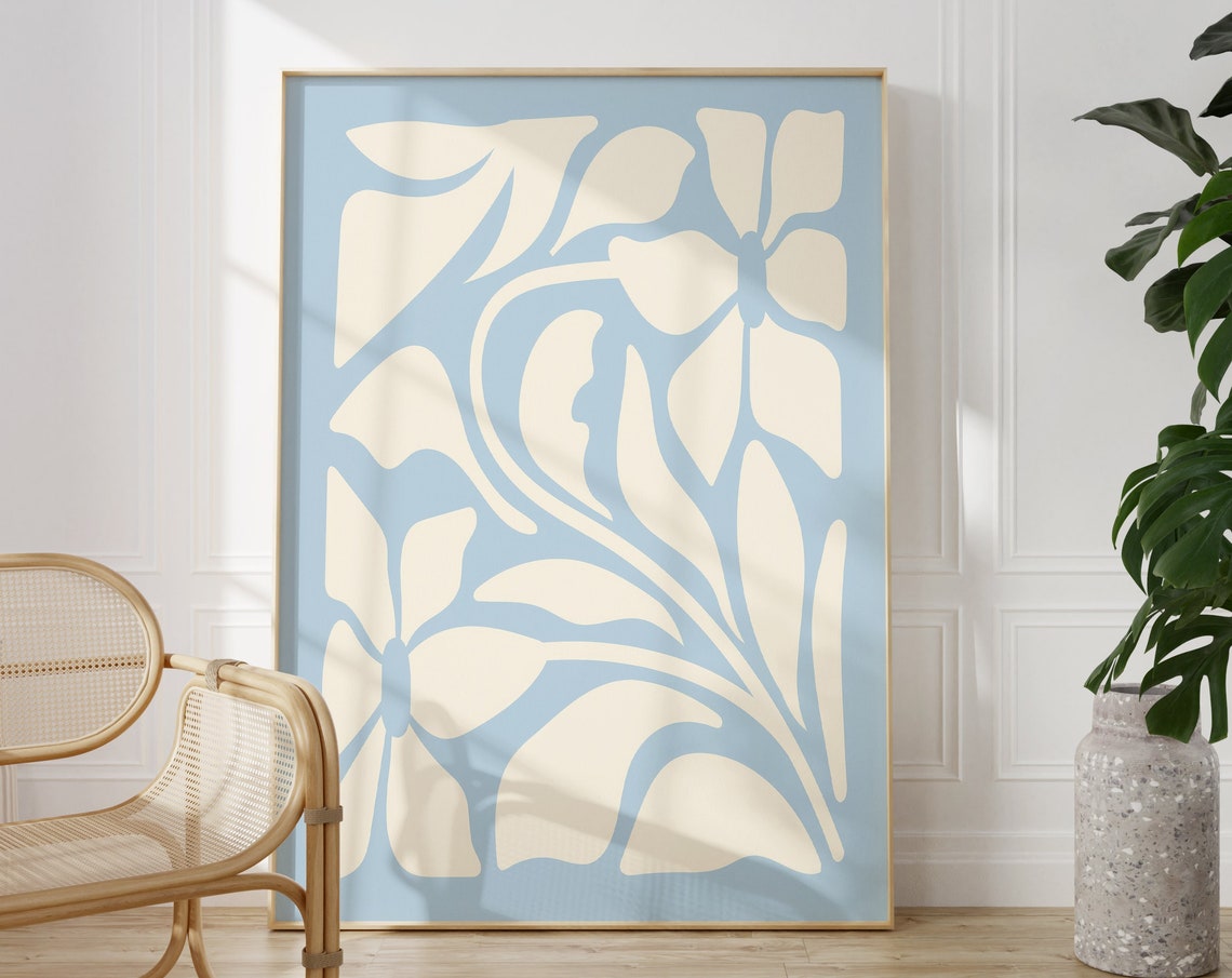 Soft Sky Blue Abstract Floral Organic Shapes Modern Art Poster