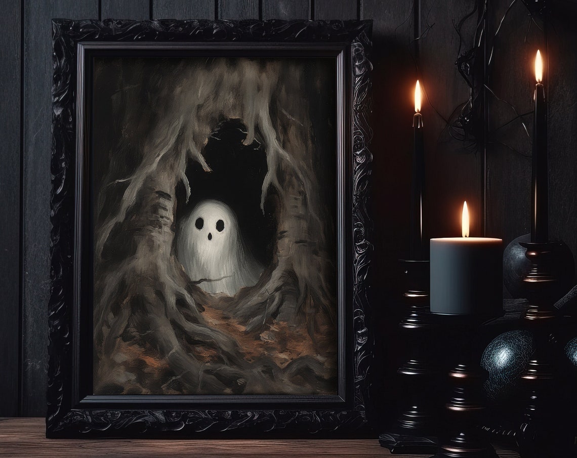 Cute Spooky Ghost Peeking from Hollow Tree Dark Halloween Poster - Image 3