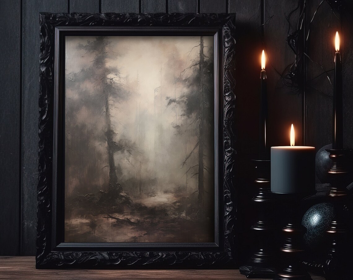 Spooky Misty Gray Forest in Fog Moody Vintage Halloween Poster - Image 4