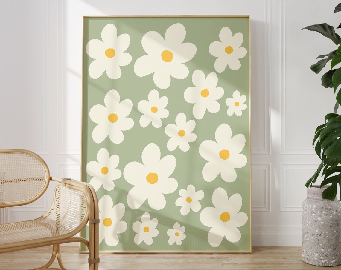 Cream Sage Green Abstract Daisies Pattern Modern Botanical Poster