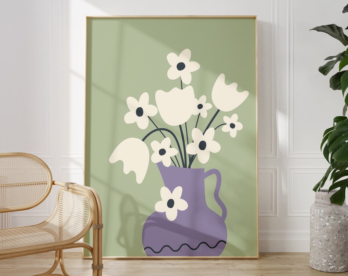 Lavender Purple Vase With Cream Flowers Boho Floral Art Poster