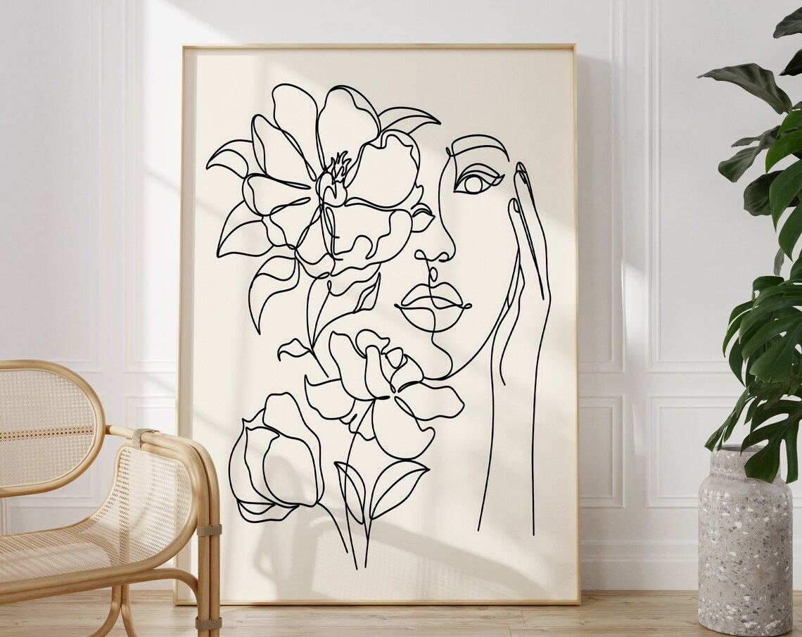 Woman Face Line Art With Large Flowers Minimalist Abstract Poster