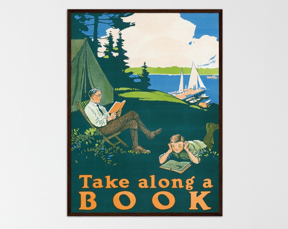 Vintage Camping Print, Coastal Nautical Landscape