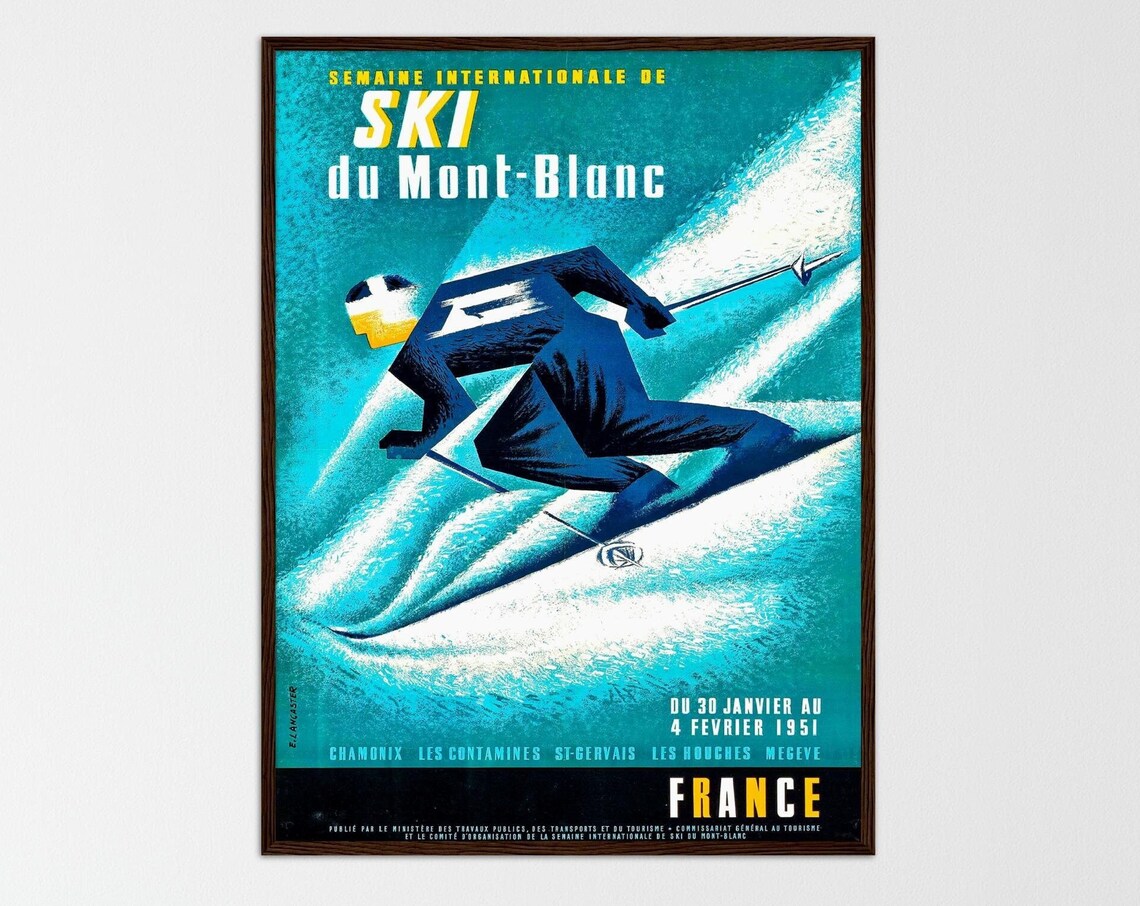 Vintage Skiing Travel Poster, Mountain Sport Illustration