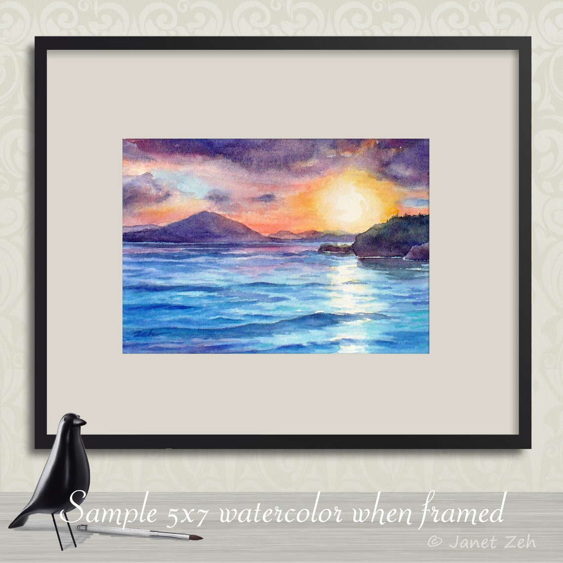 Ocean Sunset Island Silhouette Waves Watercolor Seascape Art Poster