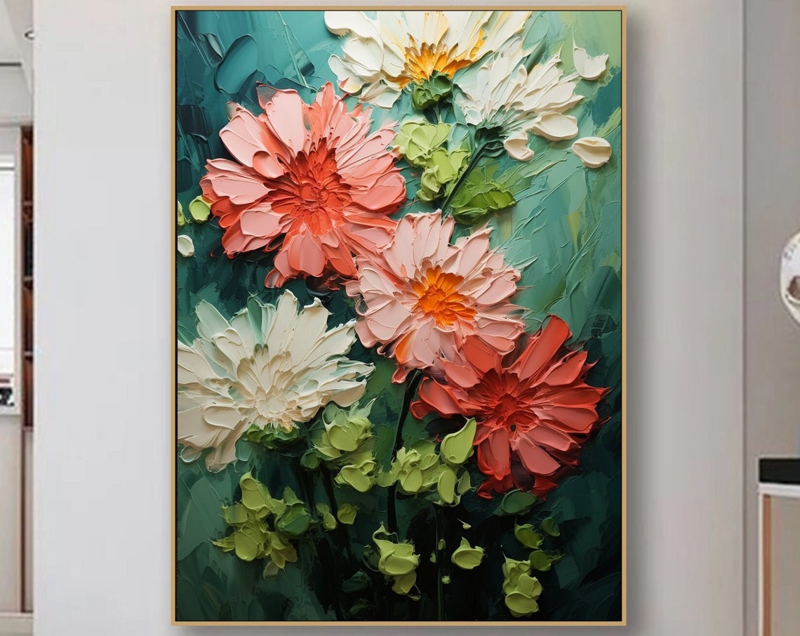 Coral Pink Blooms Deep Emerald Textured Dramatic Floral Art Poster