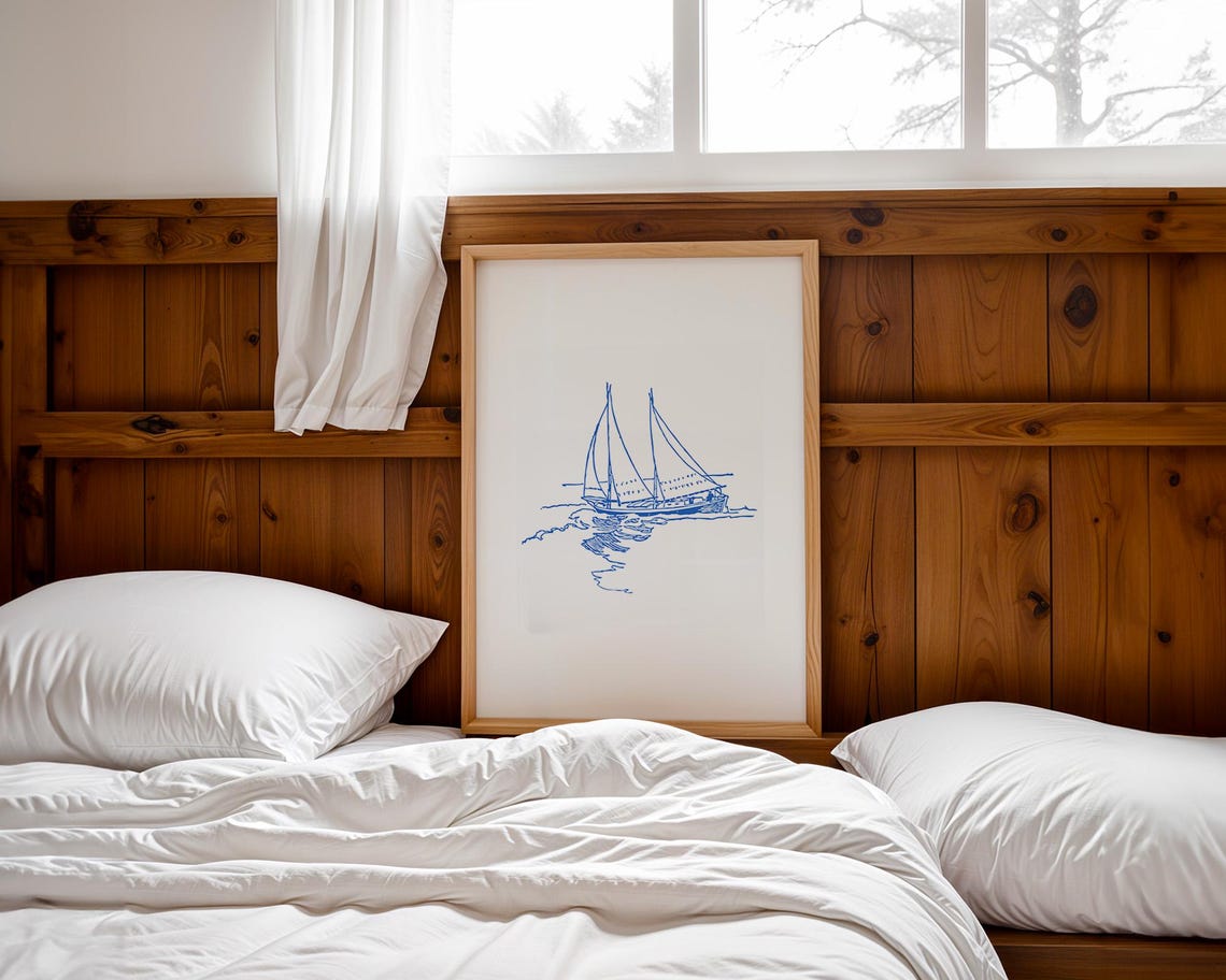 Blue Line Art Sailboat Coastal Nautical Sketch Minimalist Poster - Image 3