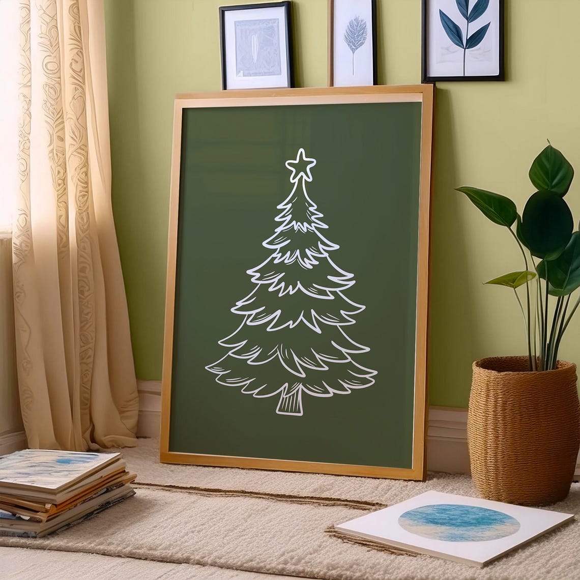 White Line Art Christmas Tree on Forest Green Holiday Poster